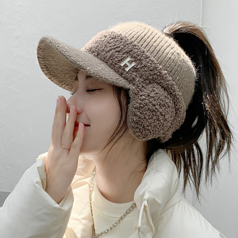 CNTANG  Fashion Trend With Earflaps Empty Top Baseball Caps Lambswool Knitted Women's Hat Autumn Winter Thicker Warm Cap