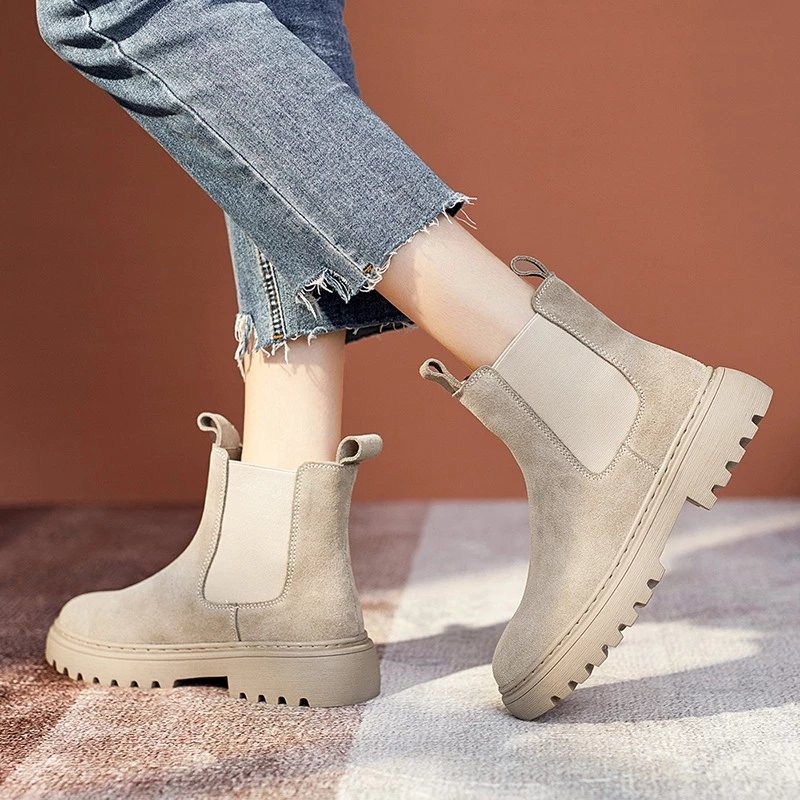 Chelsea Boots Chunky Boots Women Winter Shoes Cow Suede Ankle Boots Black Female Autumn Fashion Platform Booties