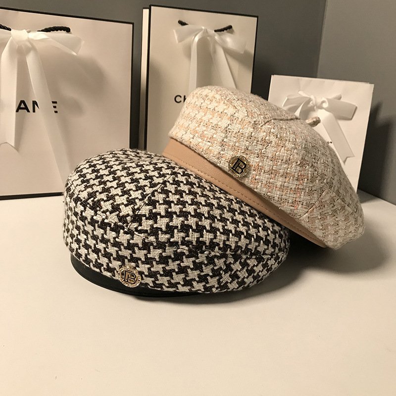 K244 Women's Hat Beret  New Fashion All-match Houndstooth Female British Retro Octagonal Hat Painter Hat Autumn Women's Kepi